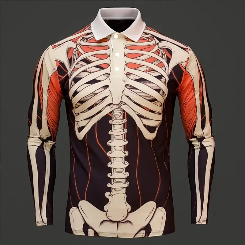 Men's 3D Skeleton Bone Print Long Sleeve Polo Shirt Turn Down Collar Halloween Street Casual Daily Tops