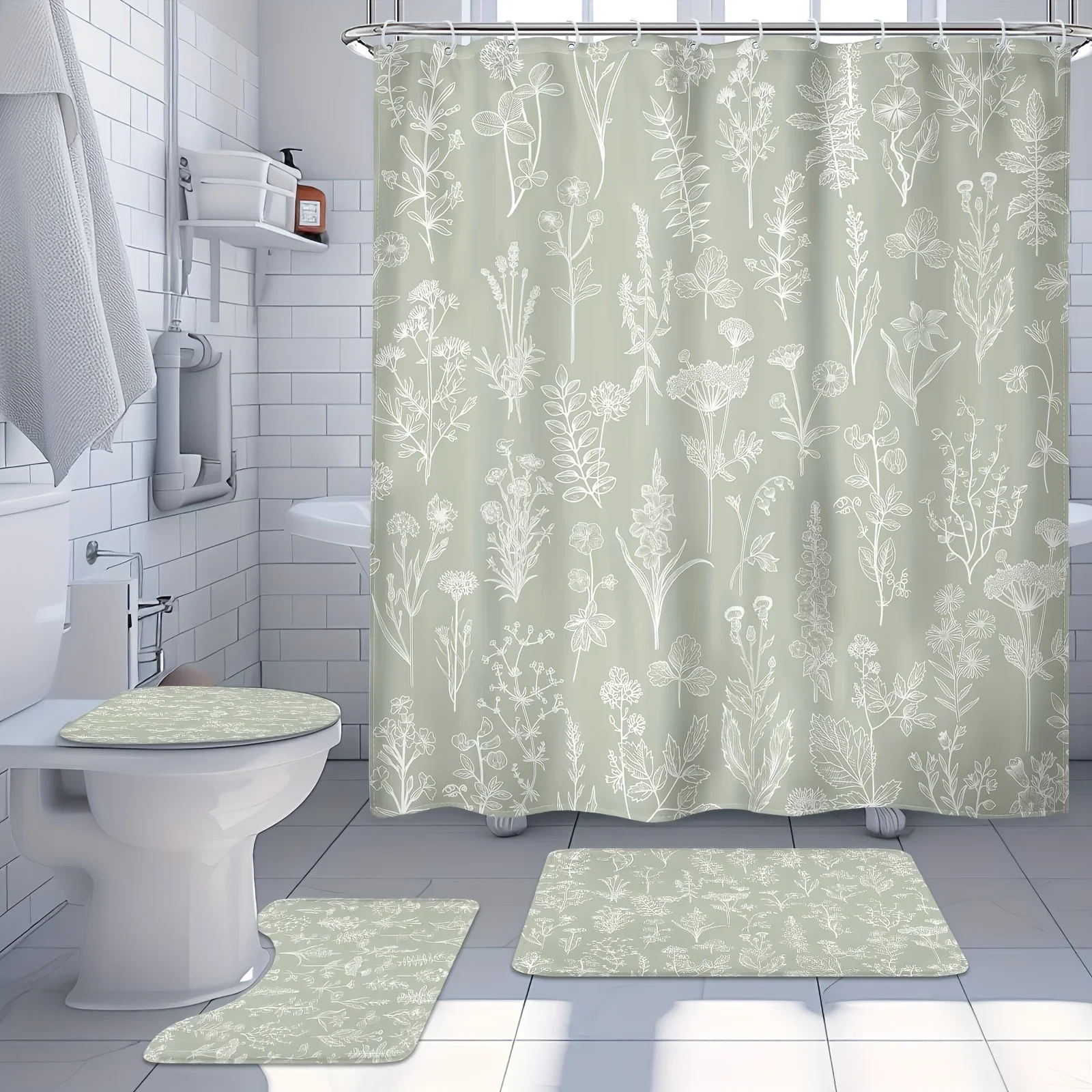 

4 шт., деревенские листья полевых цветов, винтажные ботанические травы, натуральные занавески для душа с крючками, нескользящий коврик, U-образный коврик для унитаза