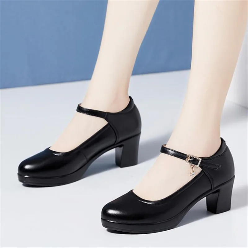 

Genuine Leather Women's High Heels High Quality Soft Cowhide Thick Heels Platform Pumps Women Wedding Party Office Shoes 32-43