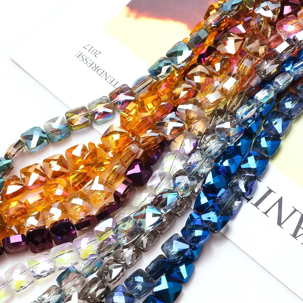50pcs 8MM crystal glass flat square beads with straight holes and grid cut surface - DIY handmade craft beads clothing material