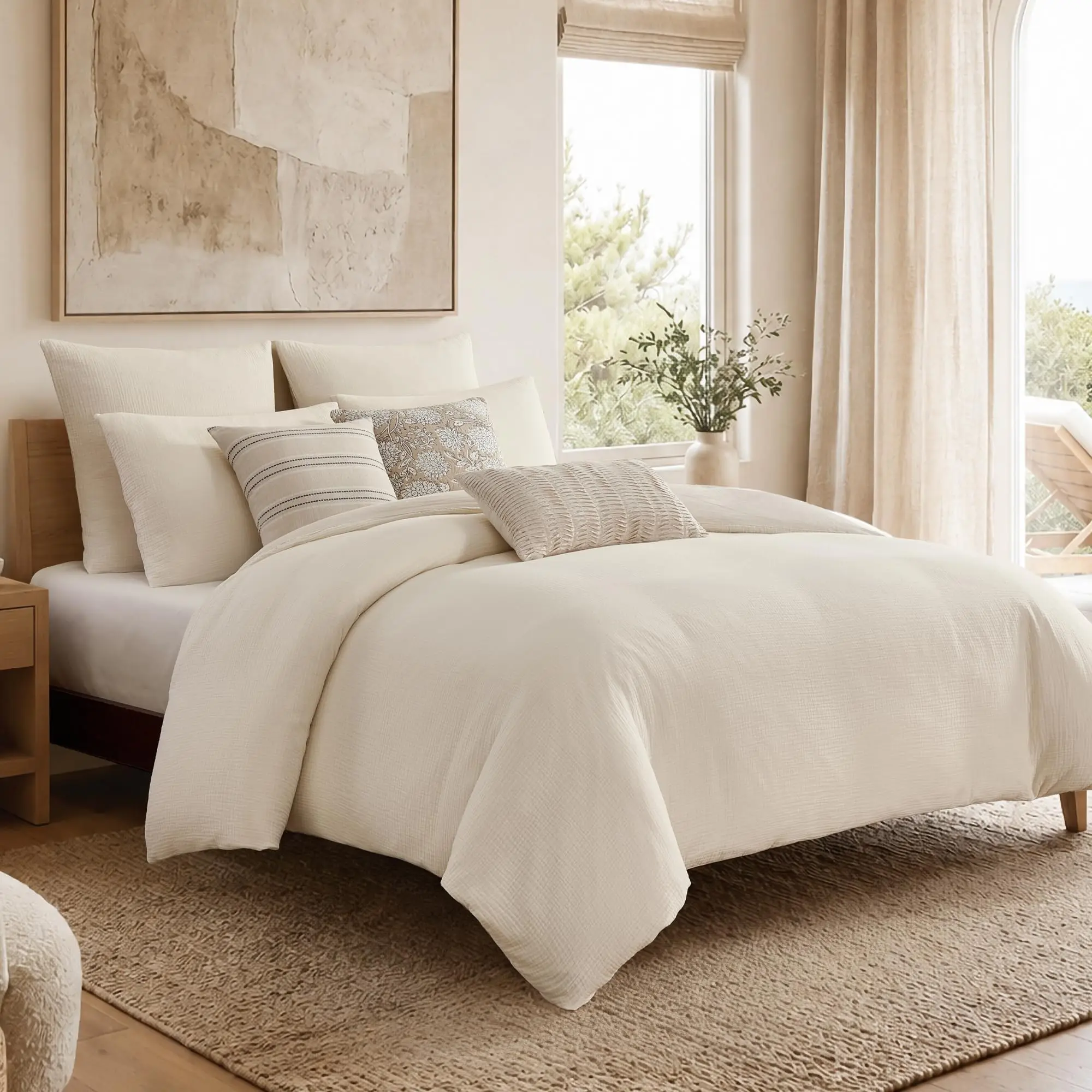 Muslin Cream Duvet Set - King Duvet Cover (106x94in) and Two Standard Shams (20x36in) - Textured 3-Ply Cotton Muslin