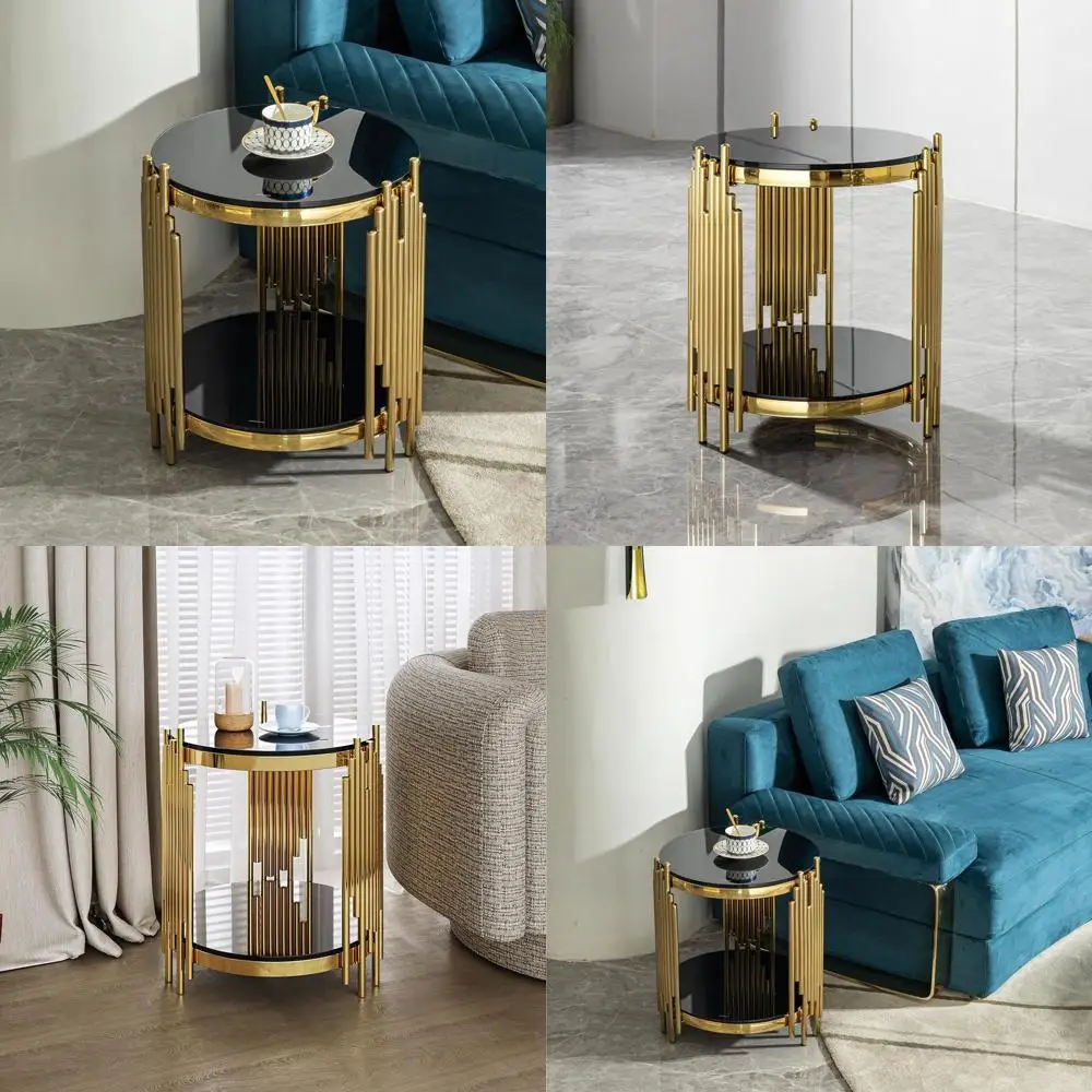 

Elegant 2-Tier Black Glass & Gold Steel Luxury Side Table for Living Spaces