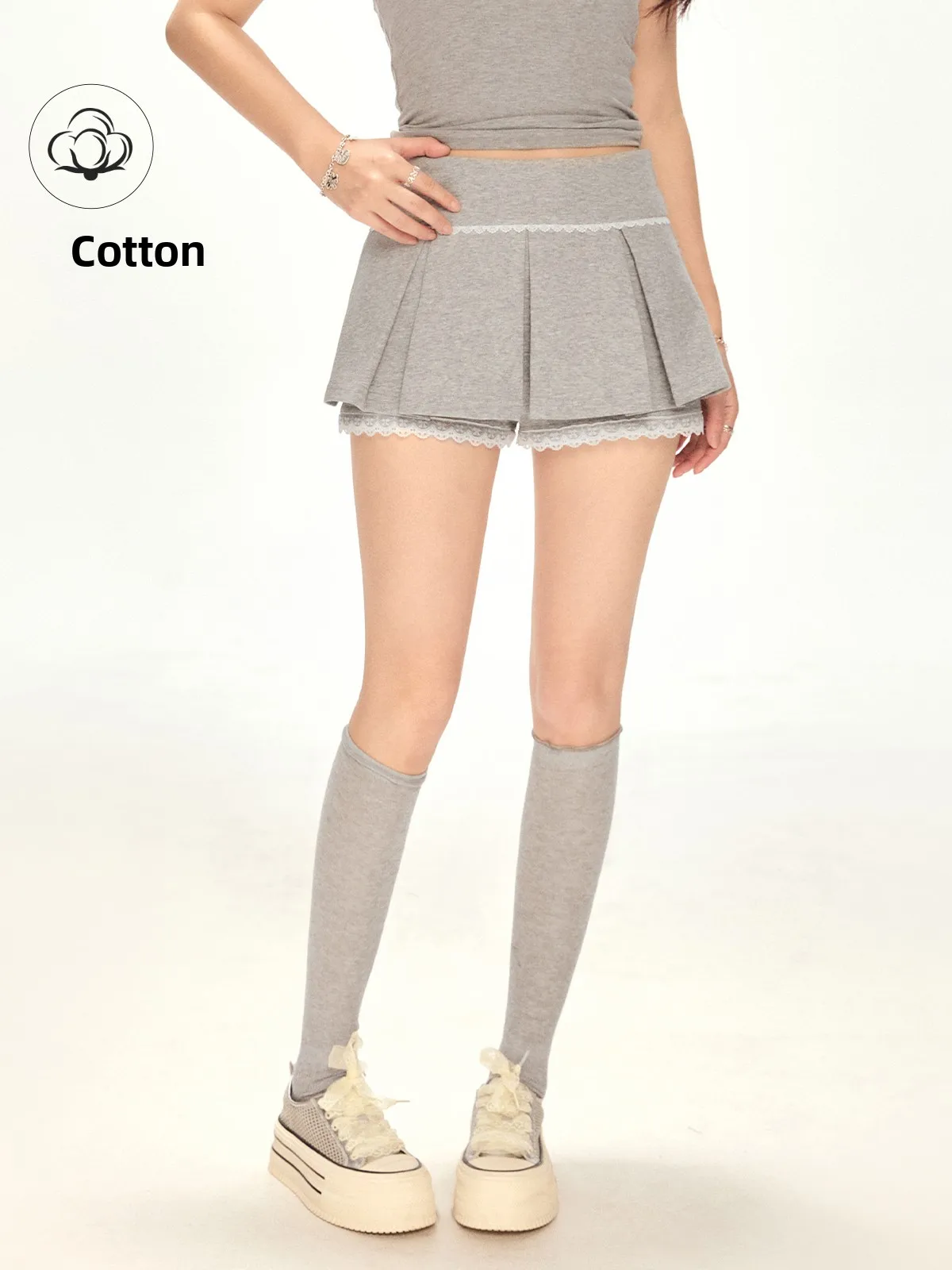 

Новая женская плиссированная юбка-шорты 2025 года, летняя, тонкая, с кружевными вставками, средней длины, с высокой талией, в милом стиле