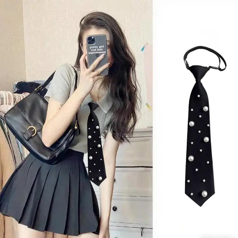 

Elegant Pearls Black Tie Women's Shirt Versatile Necktie Choker Hand-beaded Short Necktie Decoration Shirt Tie For Women