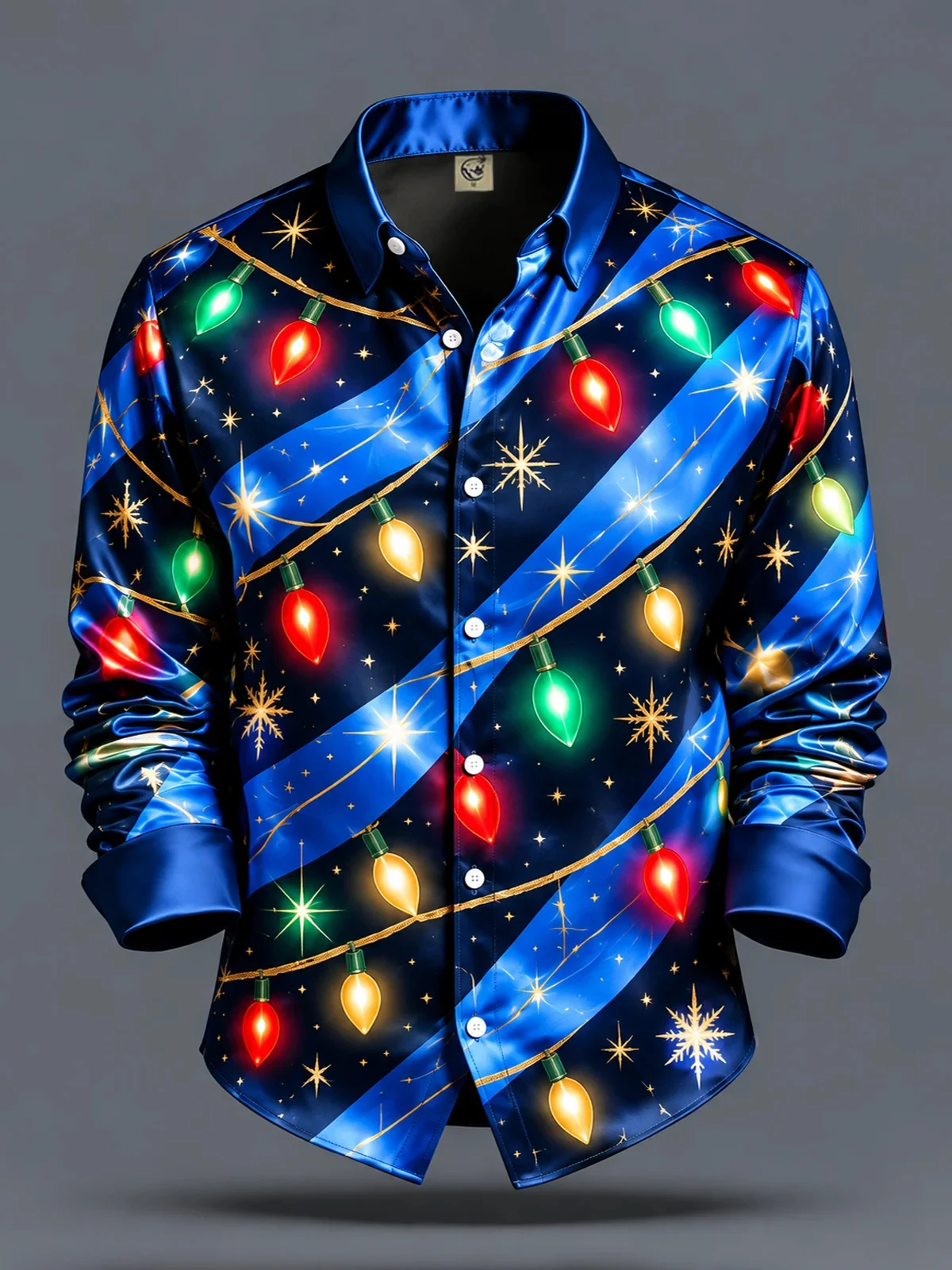 atin Button Down | Christmas Party | Shiny Santa Holly Snowflake Graphic | Men Long Sleeve Shirt
