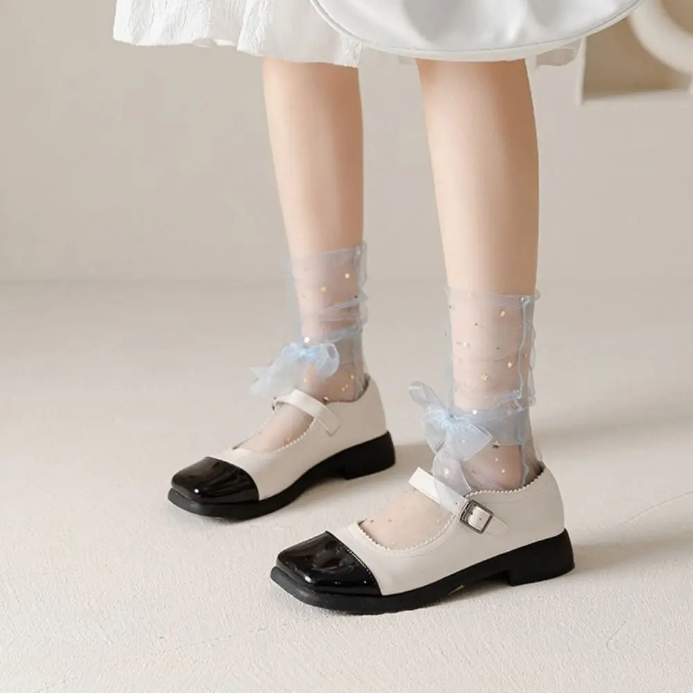 

5Pairs Star Moon Transparent Bow Socks Mid-calf Sweet Tulle Shiny Socks Female Hosiery Breathable Mesh Tube Socks Women Lady