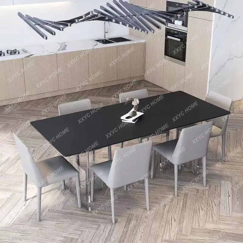 Pure Black Bright Stone Plate Acrylic Suspension Dining Table Misty Style Minimalist Dining Table and Chair