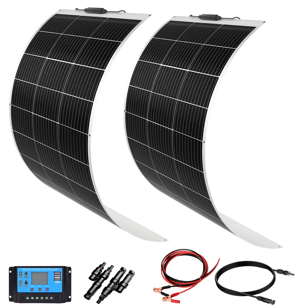 XINPUGUANG Flexible Solar Panel 200w 100w mono flexível painel solar 20a/10a módulo de controlador solar para carro rv barco casa telhado vans acampamento 12v 24v bateria solar