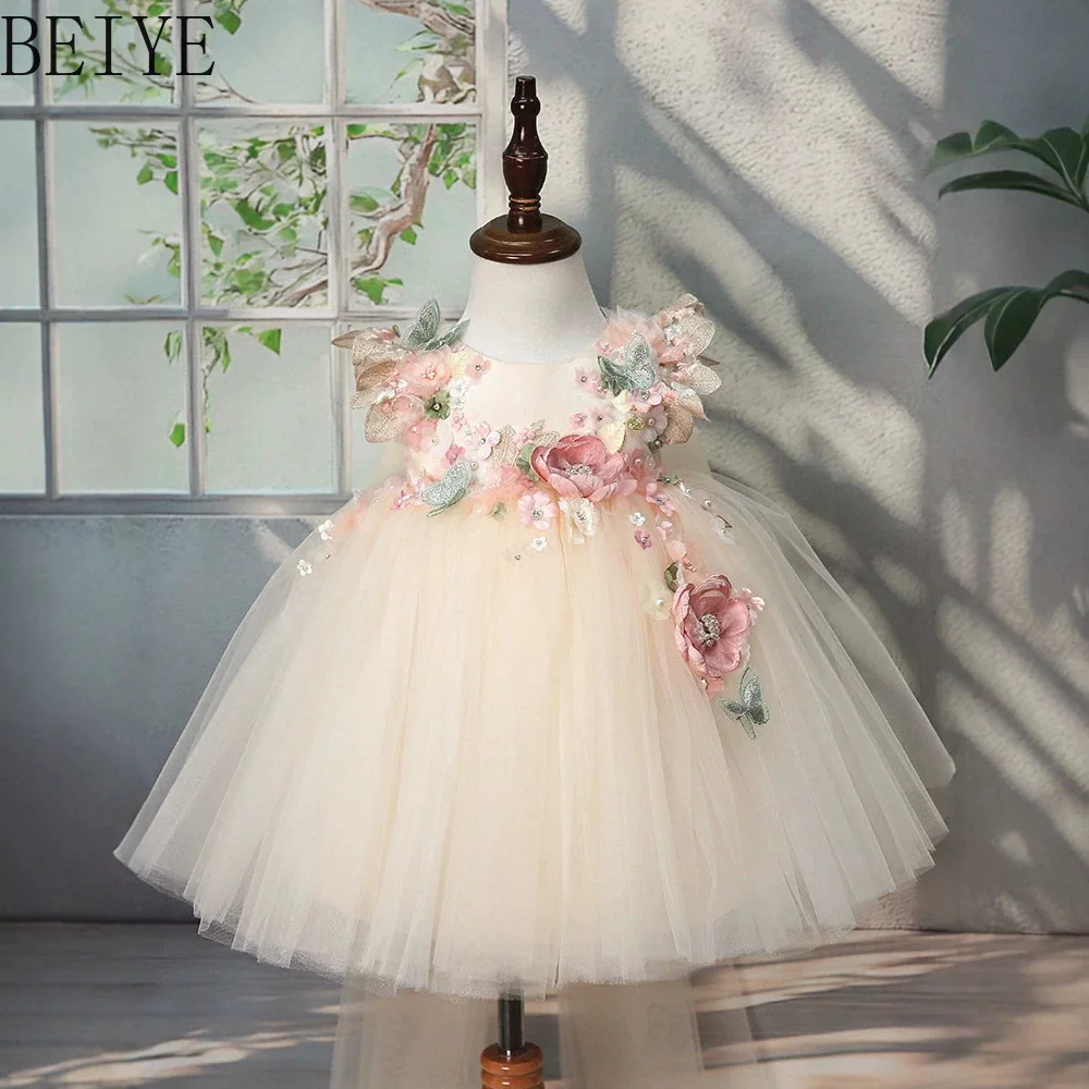 

Girl Party Dress Flower Girl Tulle Flower Pearl Lolita Style Ssleeveless Princess Birthday Dresses for Children's Summer