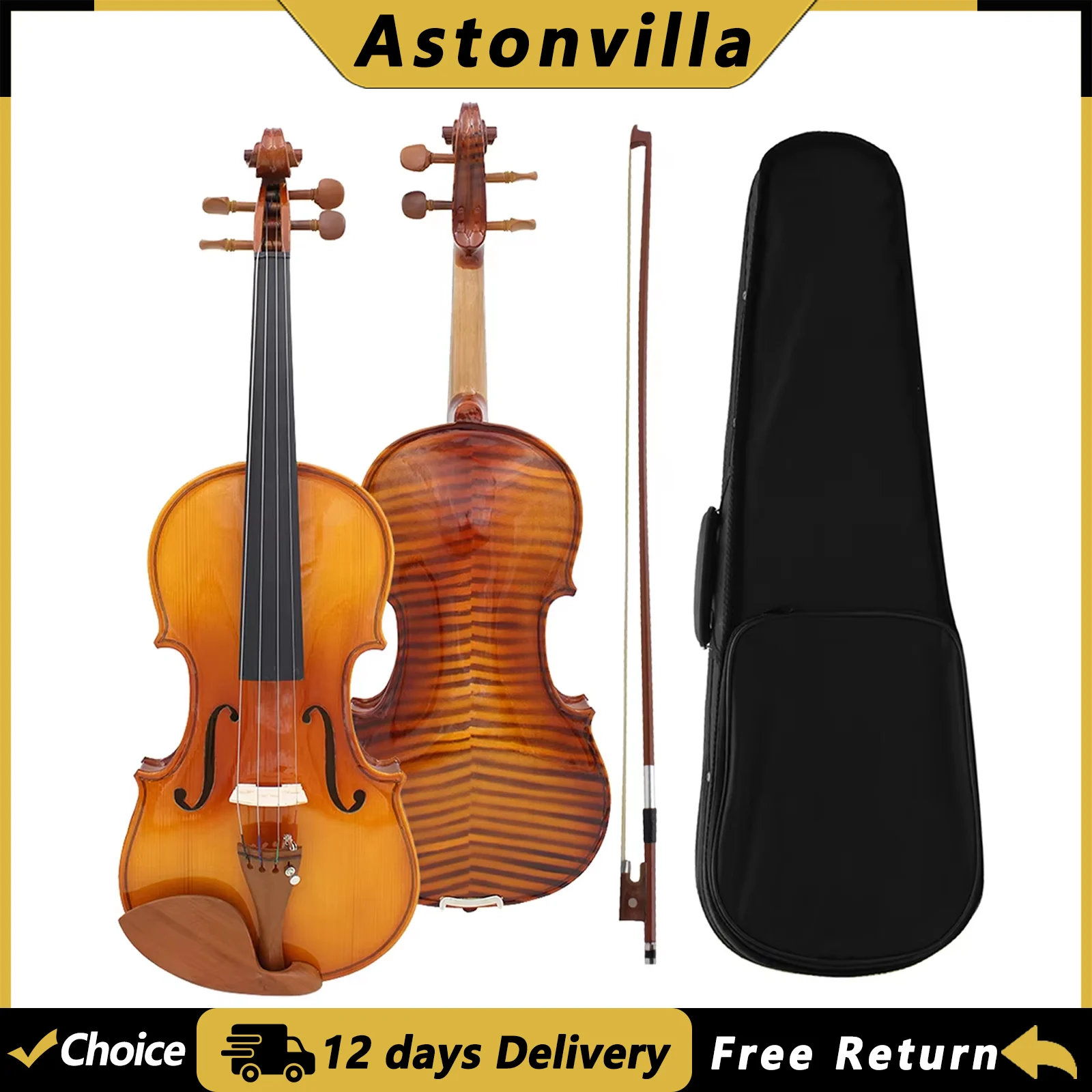 Astonvilla AV-05 Acoustic Violin 4/4 3/4 1/2 1/4 1/8 Tiger Stripes Maple Fiddle Stringed Instrument with Case Bow Accessories