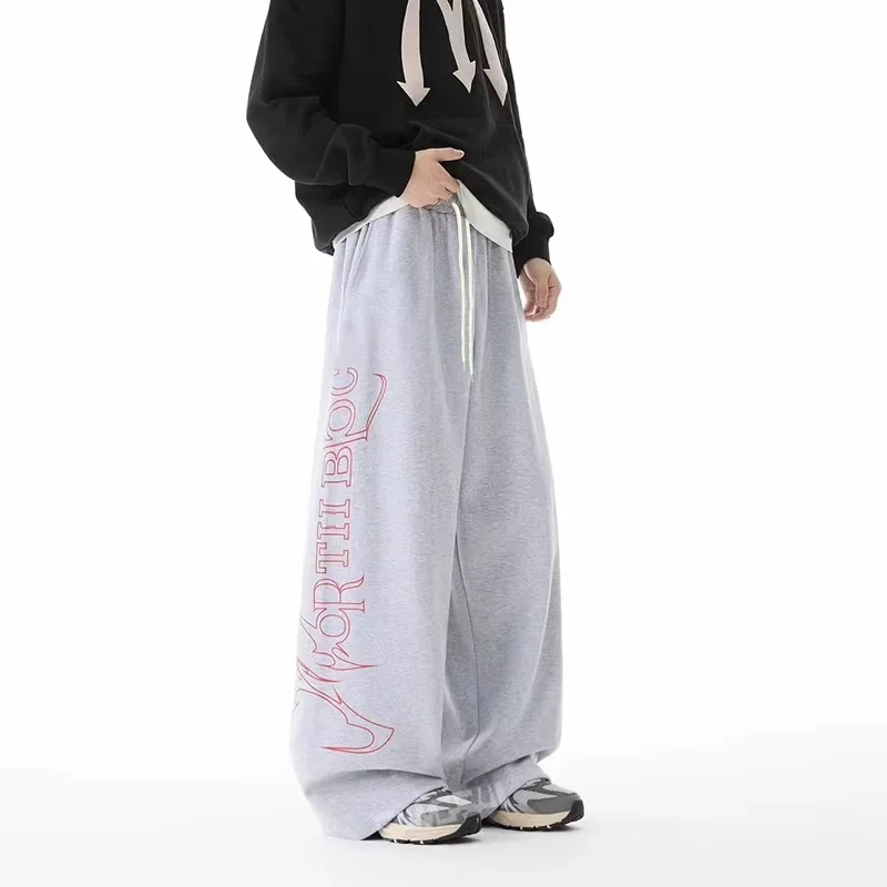 Men Women Hip Hop Trousers 3D Vintage Flame Text Graphic Print Quick Dry Straight Pants Elastic Waist Gray Streetwear Pants