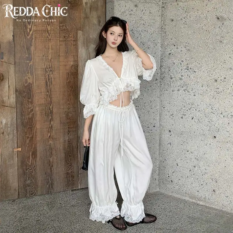 ReddaChic Women Lace Trim Crop Top Bloomers Matching Set Holiday Wide Leg Drawstring Pants Deep V Neck Blouse Cutecore Clothes