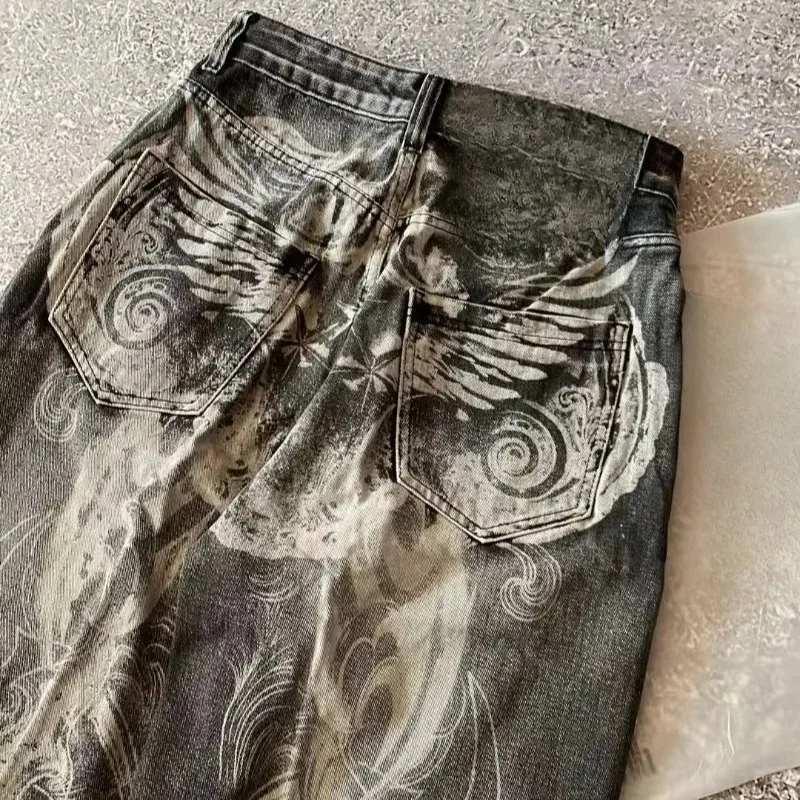 Mens Jeans Harajuku Streetwear Oversized Print Baggy Y2K Gothic Hip Hop Vintage High Waist Wide Leg Denim Pants Casual Fashion