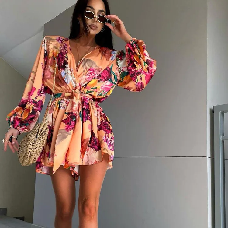 Causal V Neck Long Sleeve Lace Up High Waist Pleated Dress Elegant Dresses Lantern Sleeve Print Mini Dress for Women