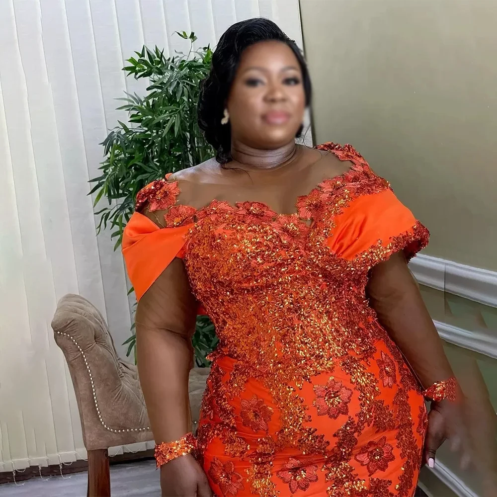 

Orange Lace Mermaid Evening Dresses Plus Size Saudi Arabia Floor-Length Trumpet Cap Sleeve Evening Prom Dresses Customized