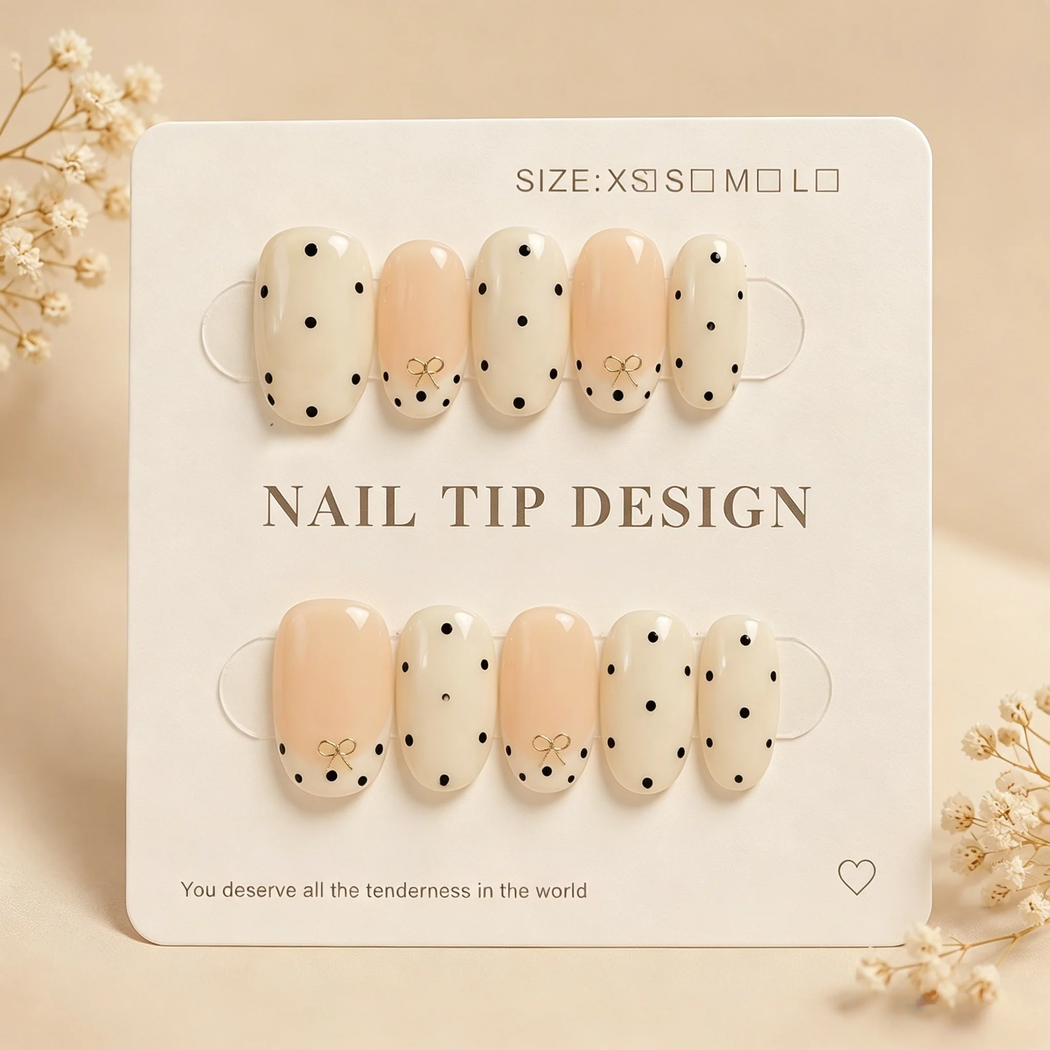 

10pcs Cream Nude Handmade Nails Black Polka Press on Nail Tiny Gold Bow Charms Fake Nail Short Oval False Nail for Women&Girl
