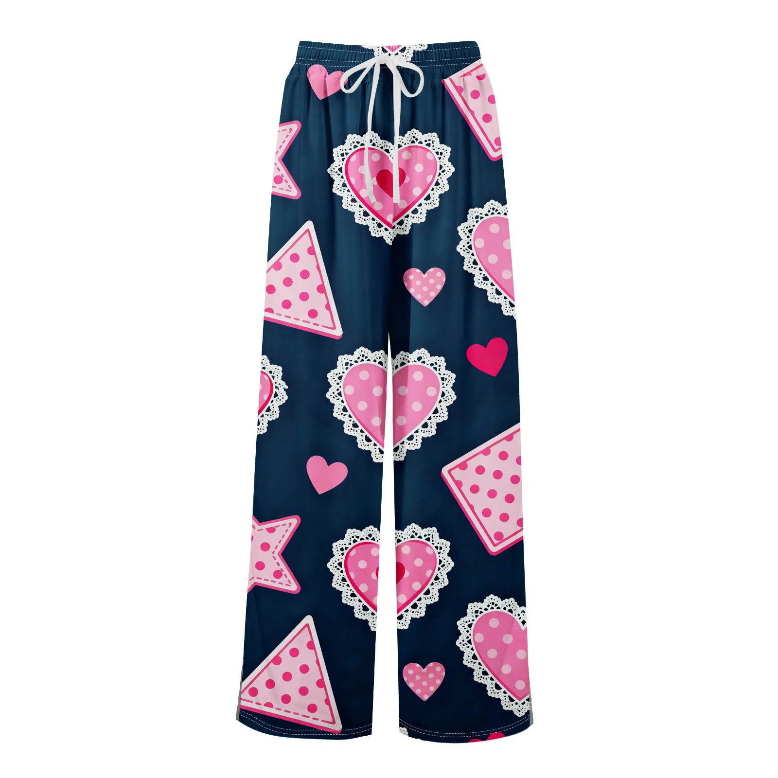 سروال واسع الساق بنمط طباعة القلب سروال برباط خصر مرن مع جيوب سروال نسائي فضفاض غير رسمي سروال عيد الحب #3