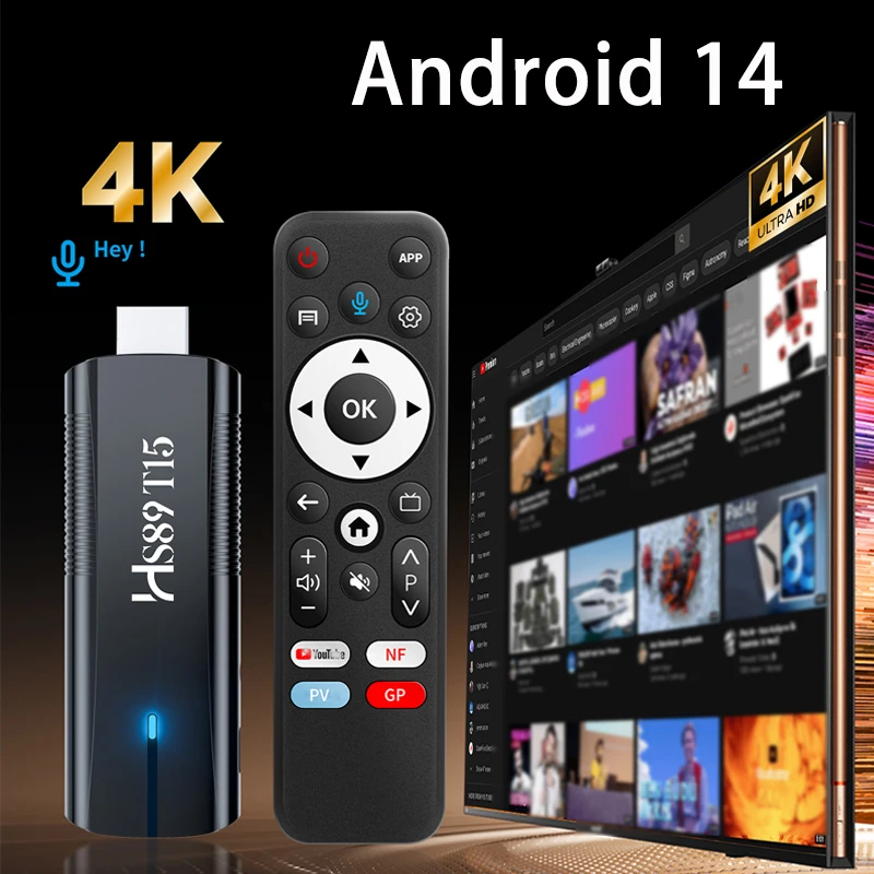 TV Stick Android 14.0 HS89 T15 RK3539 Wifi6 Media Player Supporto 4K Telecomando Vocale Smart TV Stick Android per Casa 2GB 16GB 4GB 32GB