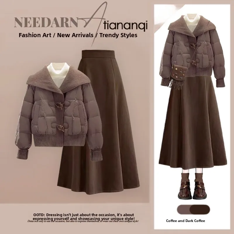 

Elegant Winter Outfit Women's Korean Style High Waist Skirt And Cotton Jacket Two Piece Set Slimming Effect Casual Wear