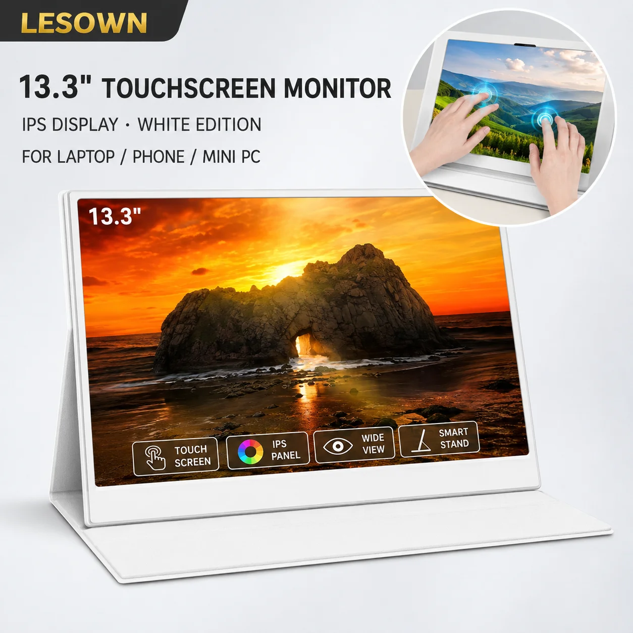 LESOWN 13.3 Inch White Touchscreen Portable Monitor IPS External Display for Laptop Mini PC with 1080P and 4K Options