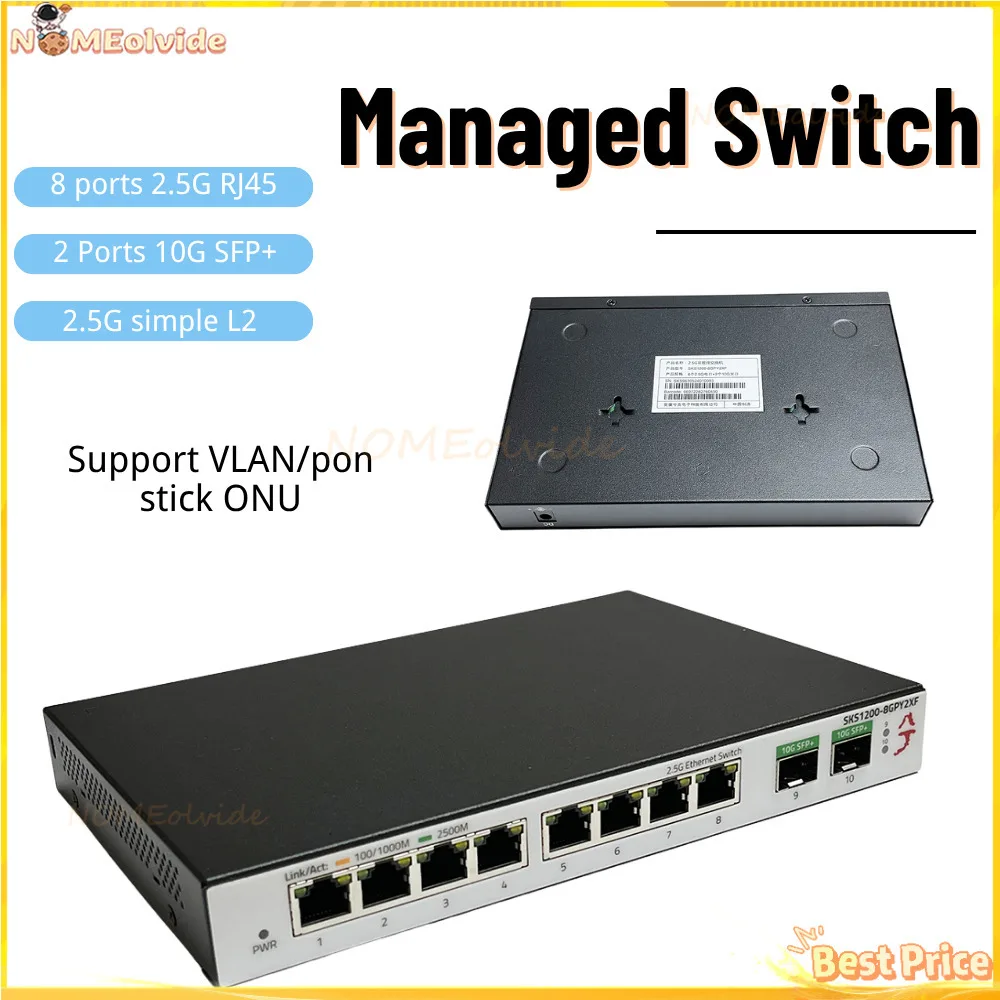 Xikestor SKS1200 Switch Simple L2 Manage 8-Port 2.5G RJ45 2-Port 10G SFP+ Support VLAN Port Aggregation