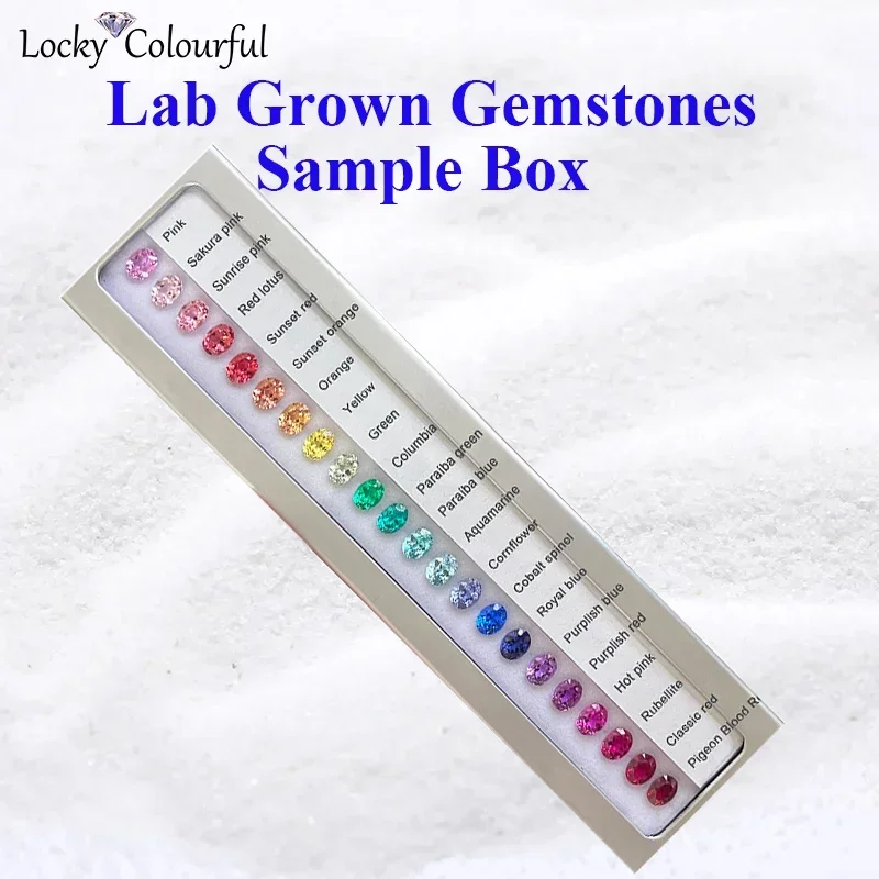 

Lab Grown Gemstones Sample Box Multiple Colors Top Quality Total of 22 Pieces Sapphires Rubies Paraiba Papalacha and Emeralds