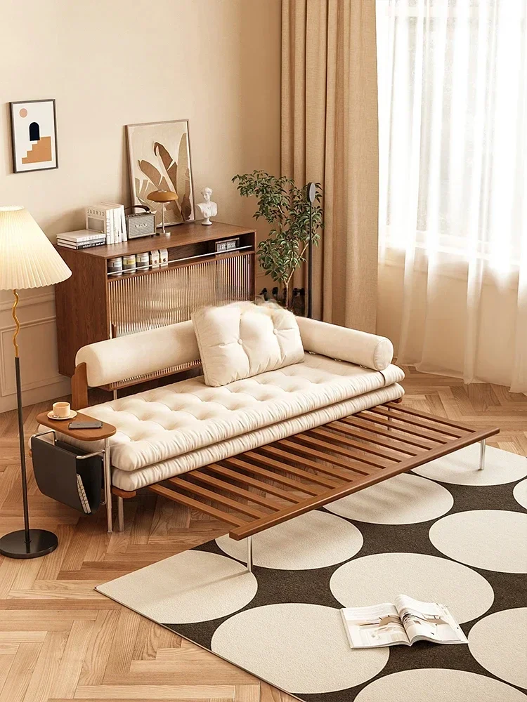 A French Retro Folding Sofa Bed Dual-Use Small Apartment Multi-Functional Modern Simple Solid Wood Retractable Bed