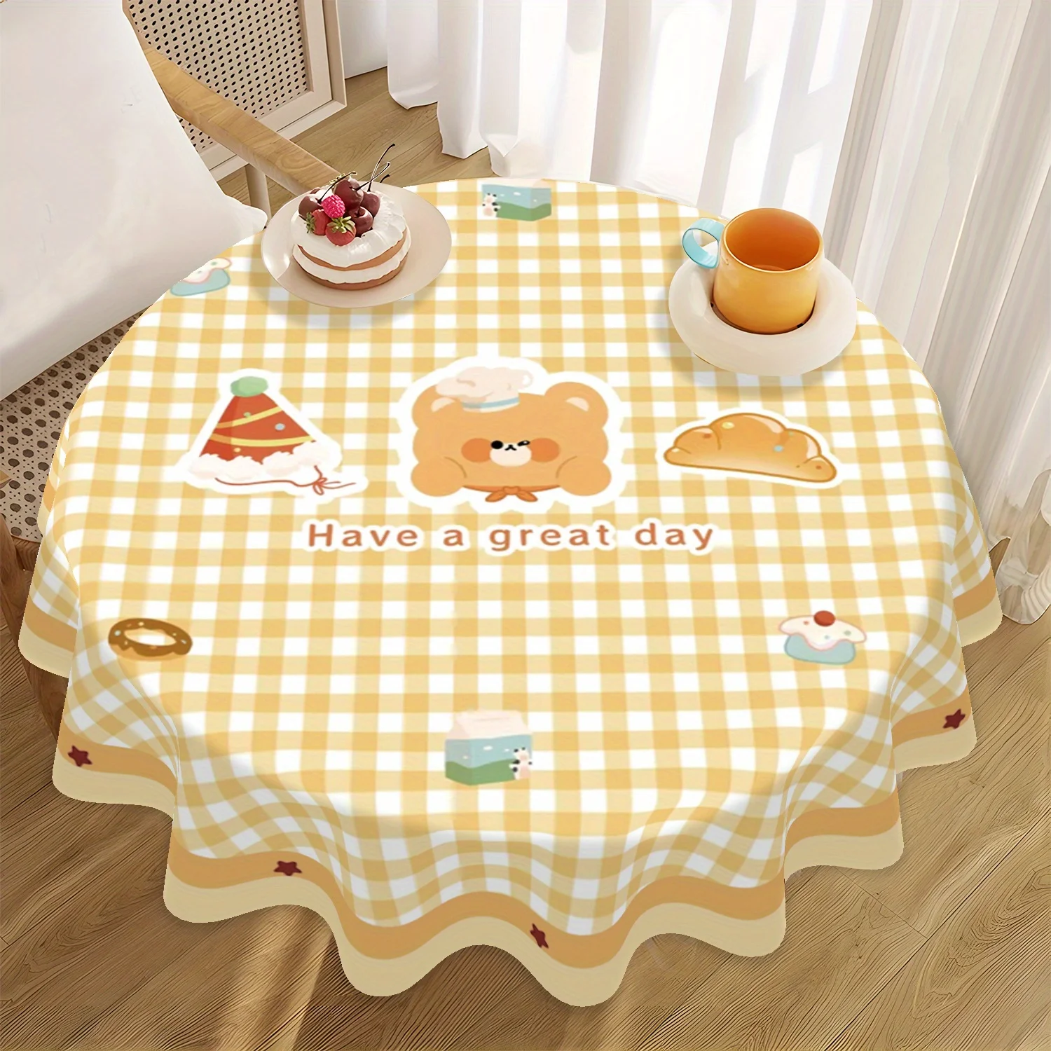 One cute cartoon teddy bear and dessert pattern tablecloth, 62 inches, 100% polyester, yzb