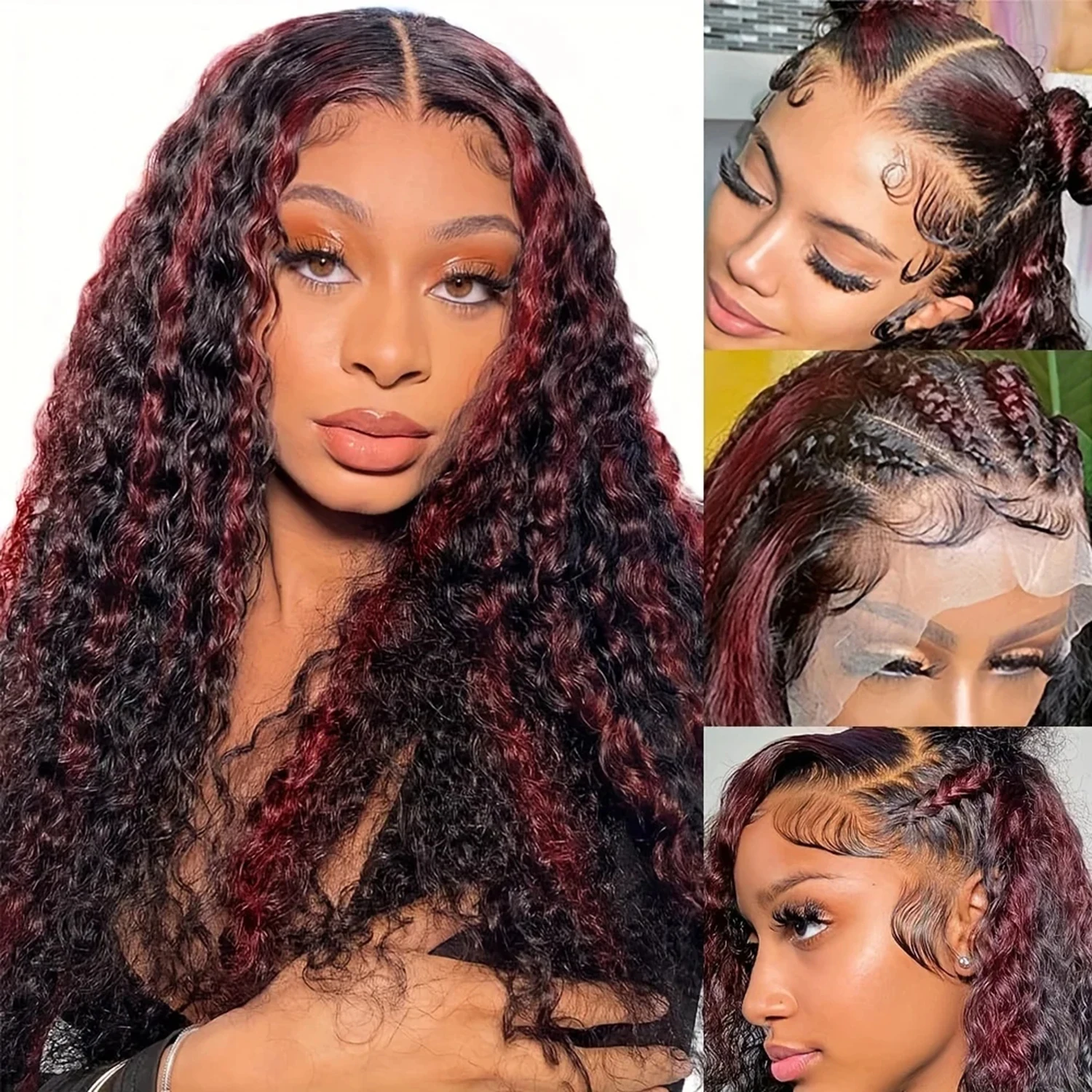 

13x4 Ombre Red Deep Wave Wig 180% Density Black and Red Transparent Lace Frontal Wig 1B99J Color Curly Human Hair Wigs