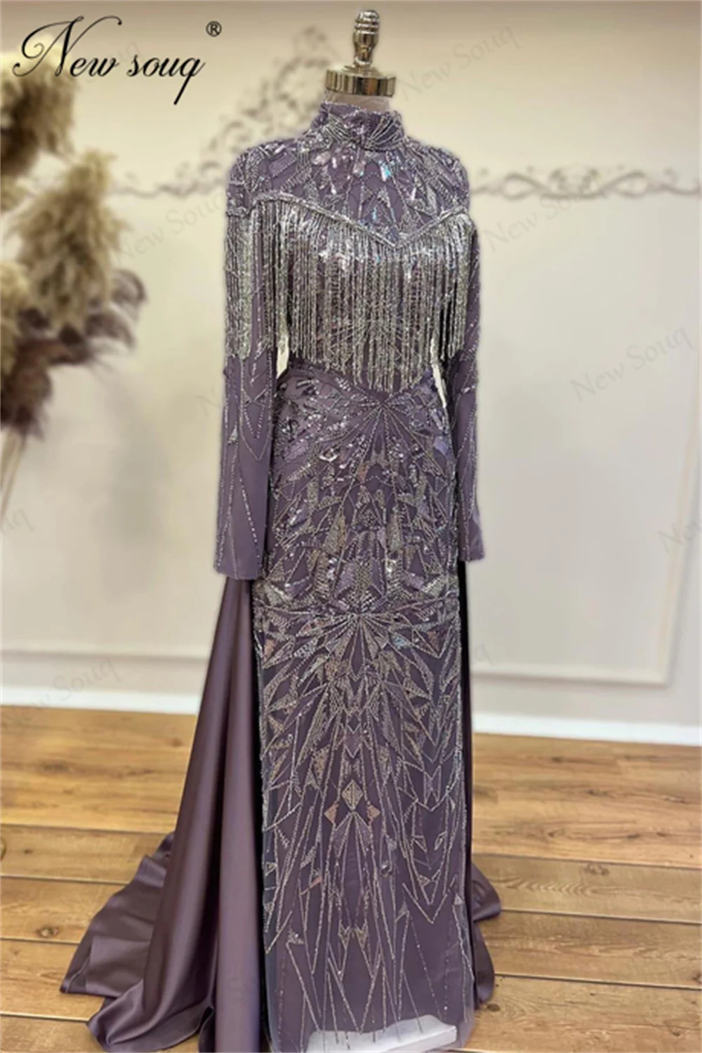 

Middle East Long Sleeves Evening Dresses Long Tassel Formal Prom Dress Vestidos De Noche Customized Overskirt Bride Party Gowns