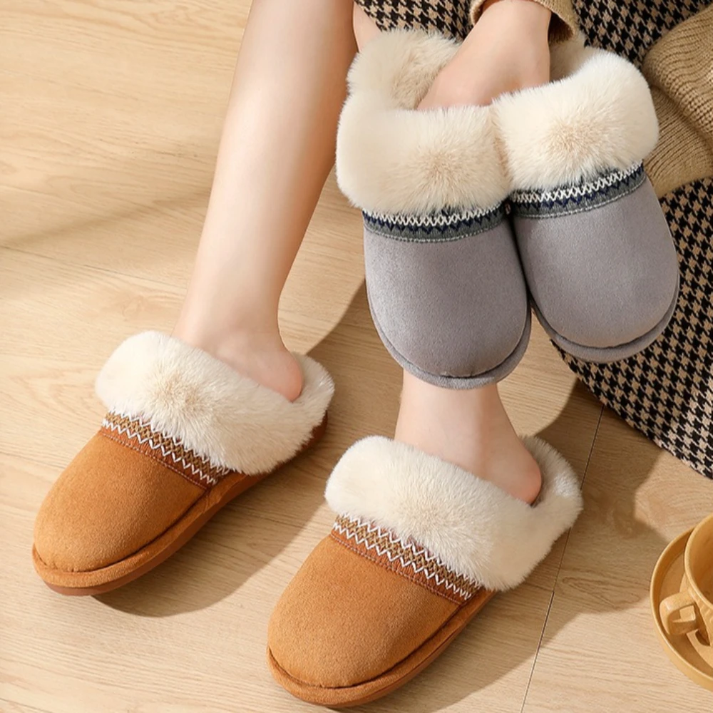 Winter Lace Plush House Slippers for Couples Warm Indoor & Outdoor Cotton Shoes for Men & Women Anti-Slip Fuzzy Home Footwear