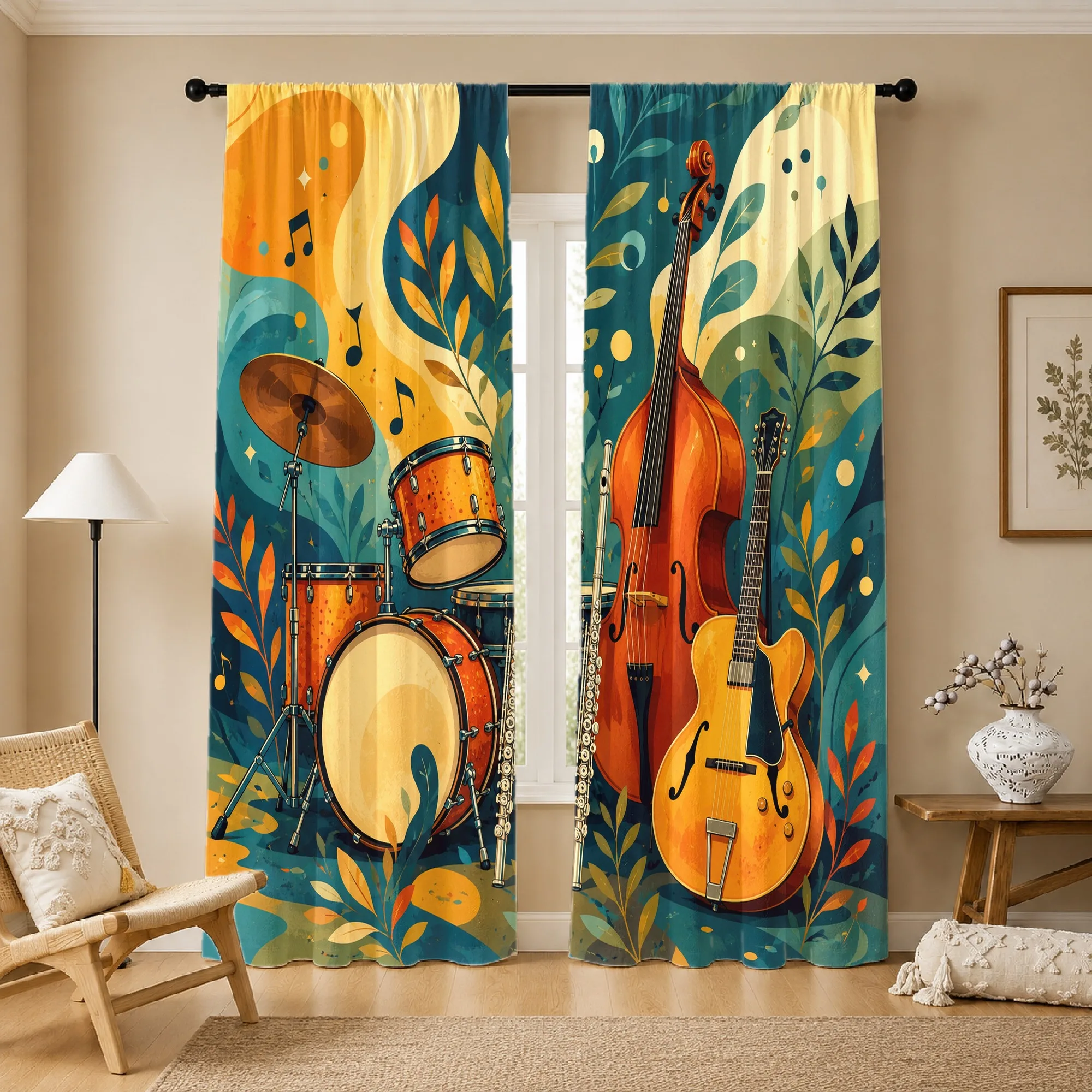 Vibrant Music Notes Drum Guitar Curtain Panels for Living Room Stage Decor Bohemian Style Window Treatment