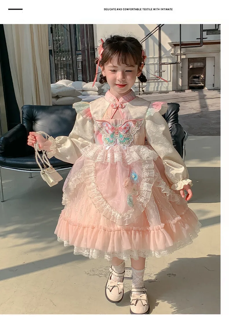 Lolita Girls' Dress Spring and Autumn New Style Children's Mesh Puff Skirt Baby's Year End Dress Chinese Style Dress