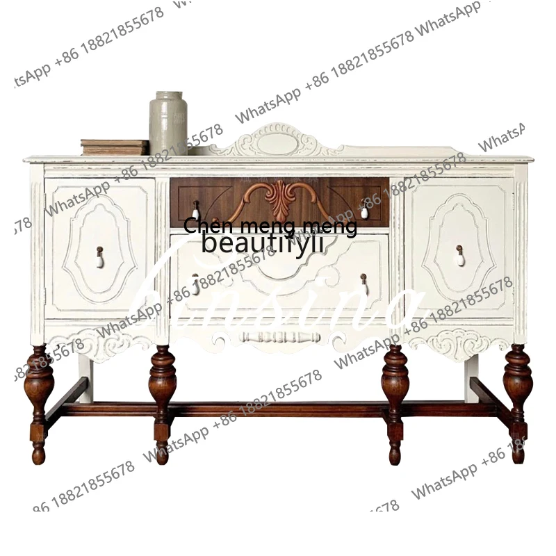 Neoclassical Solid Wood Cabinet/Distressed Entrance Cabinet/Light Luxury Carved Locker/TV