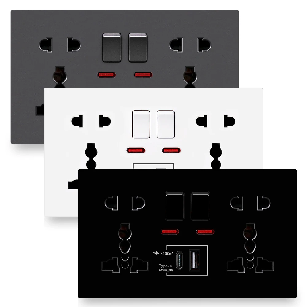 18W Type-C Fast Charge Wall Outlet 13A Smart Quick Charge Interface Universal Dual Socket Switch Control Type-C USB Port Socket
