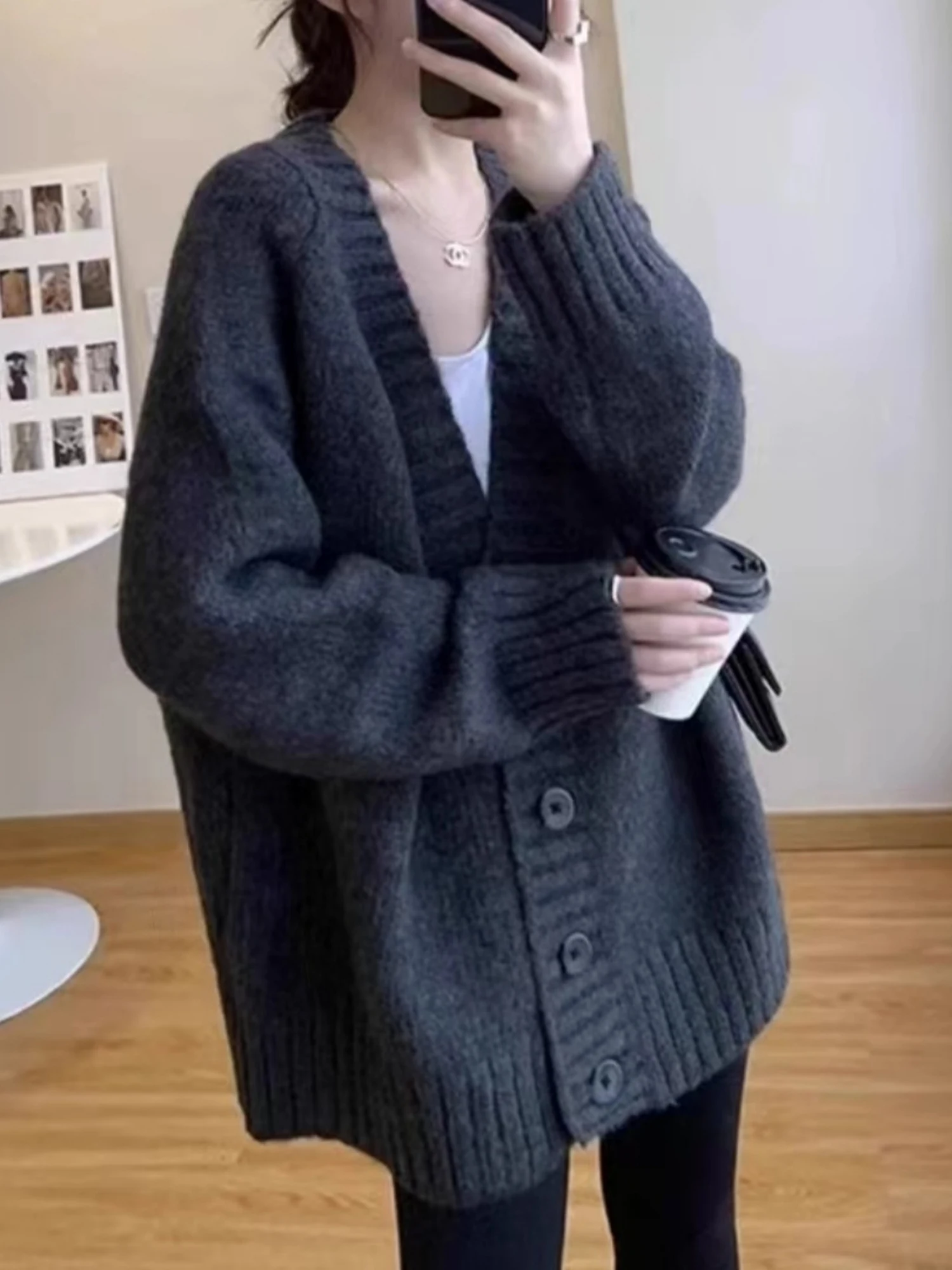 Autumn Winter Thickened Long Sleeve Women's Knitwear Outerwear Casual Loose Style V-Neck Button Splice Medium Length Cardigan