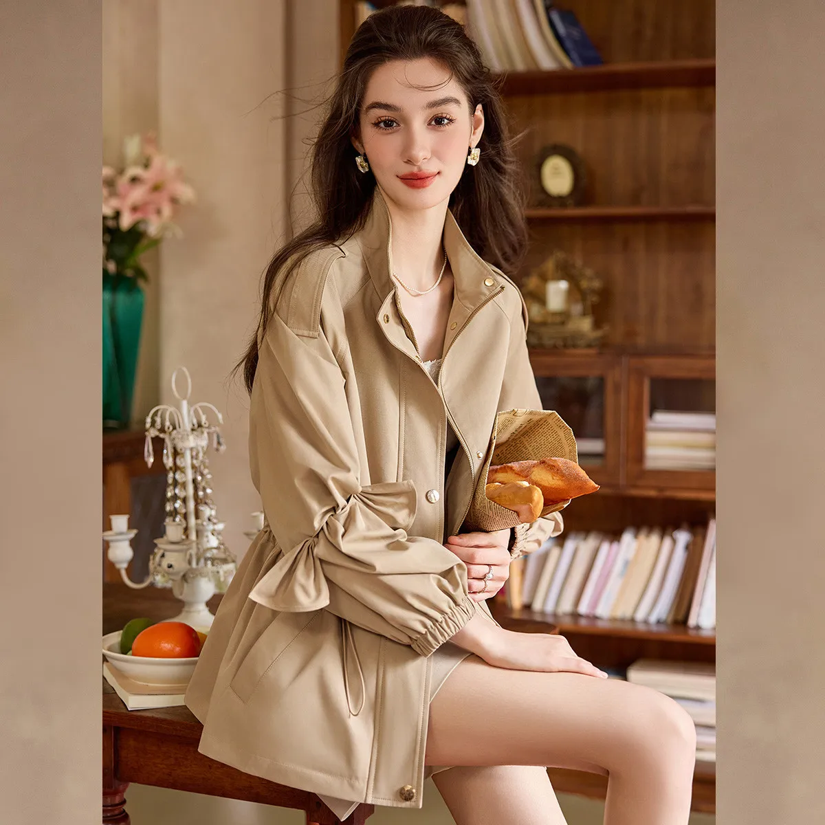 LOUISYAO Commuter Cardigan Coat 2025 Autumn Woven Non-Stretch Drop Sleeves Stand Collar Solid-Color Women's Trench Coat
