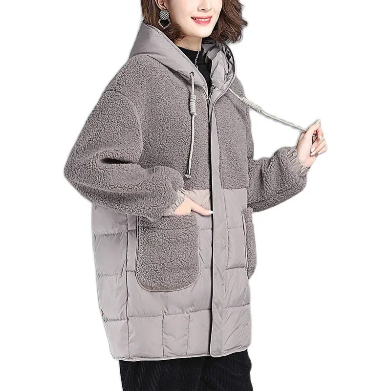 Femmes épaississement poches vestes chaudes hiver ample à capuche cordon Parkas taille S-3XL mi-long Styles laine d'agneau épissé manteaux