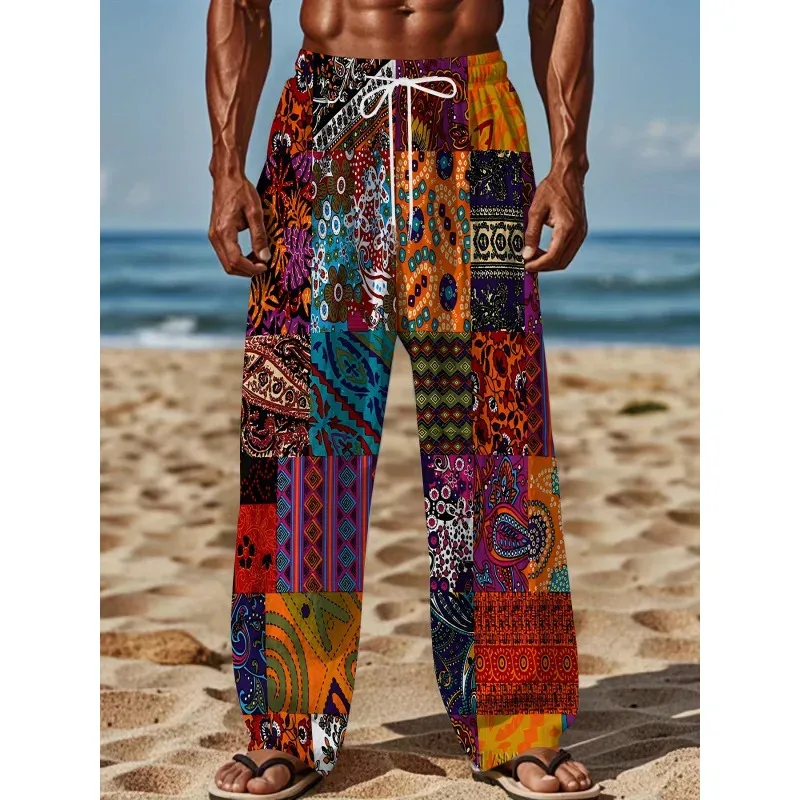 MEN'S Casual Bohemian Printed Drawstring Straight Leg Pants With Slight Stretch Loose Fit Active Trousers With Vintage Style
