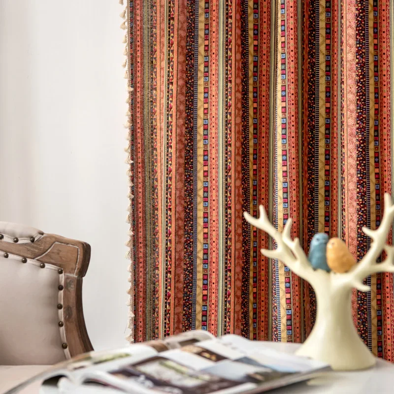 

Bohemia Stripe Cotton Linen Home Window Curtain with Lace Tassels Thick Blackout Drapes Bay Window Curtains for The Living Room