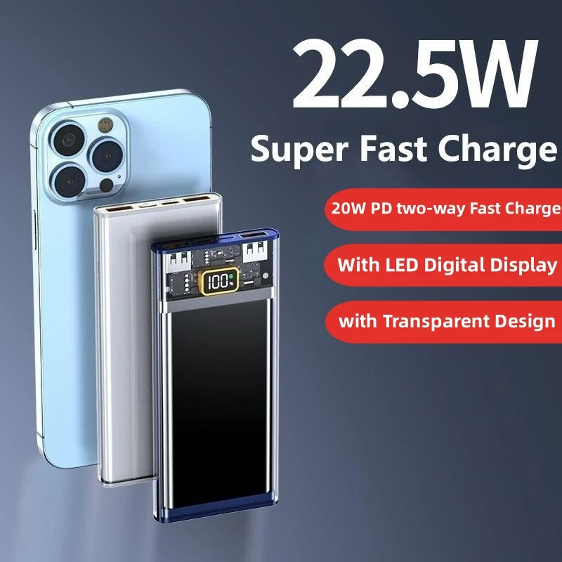 

PD 20W/22.5W Transparent Super Fast Charging Power Bank 20000mAh Powerbank for iPhone 14 Xiaomi Portable Charger Spare Battery