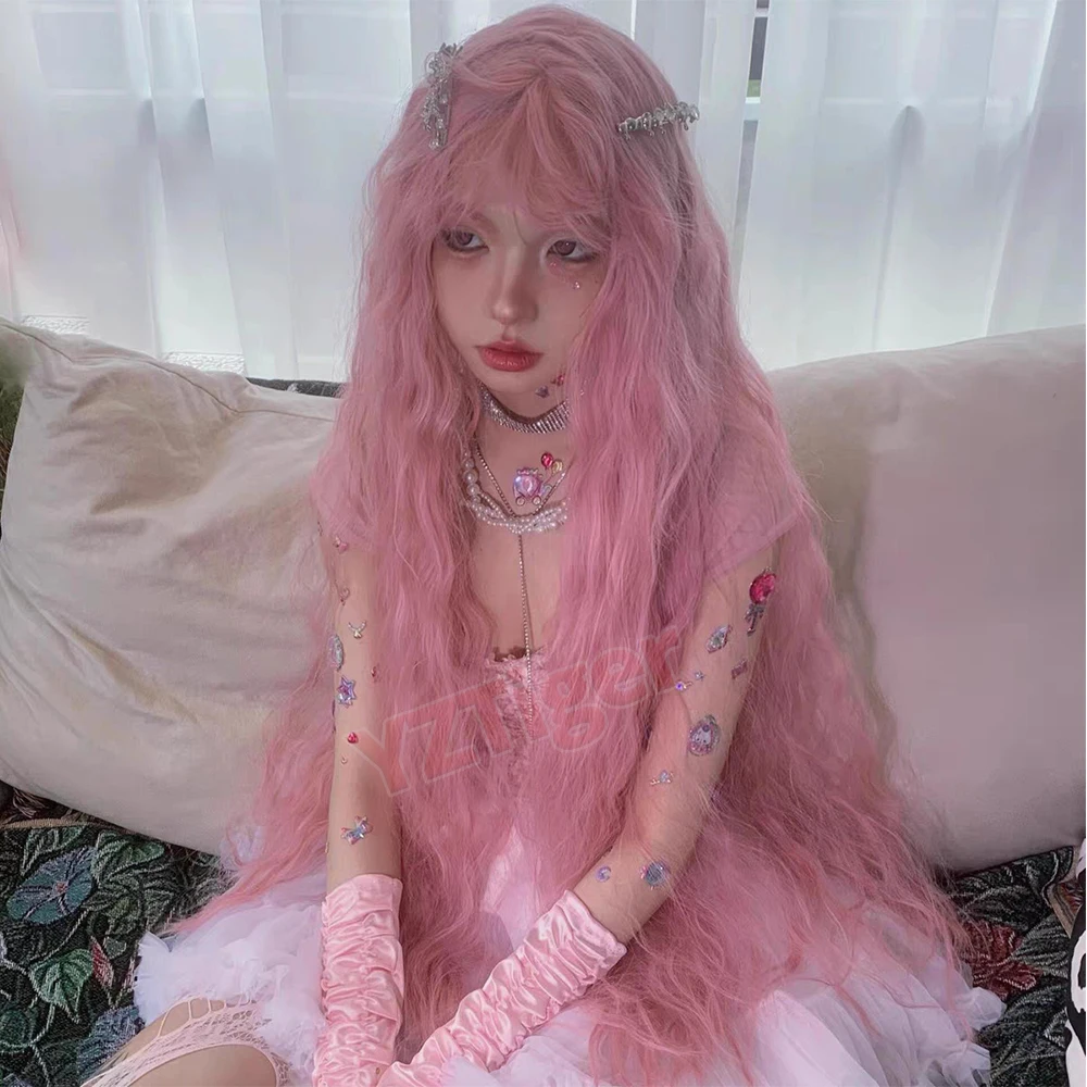 Pink Long Curly Hair Fashion Lolita 100cm Synthetic Wig With Bangs For Women Halloween Cosplay Daily Party Use Heat-resistant