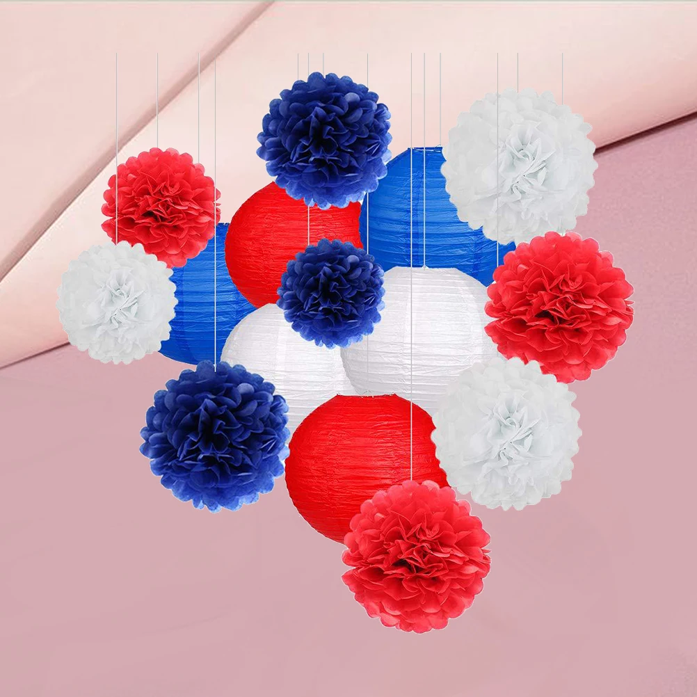 

15 Pcs Red Blue White Lanterns Safe Party Decorations Supplies Independence Day Bright Colors Paper Flower Ball Lanterns