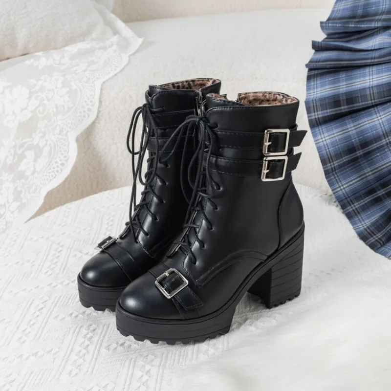 New Cross Tie Straps Belt Buckle Side Zipper Short Boots European American Plush Warm Waterproof Platform Women Ankle Boots34-43 image 4