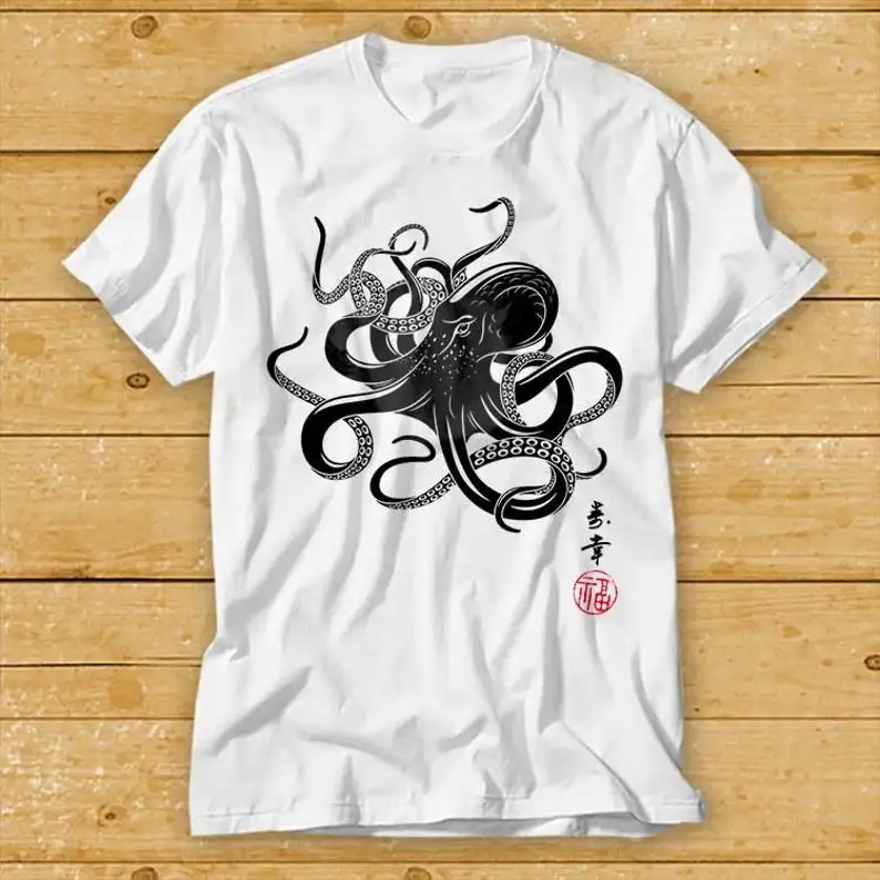 Octopus Japanese Calligraphy T Shirt Gyotaku Traditional Art Japan Anime Manga Black White Yoga Martial Arts Samurai Unisex