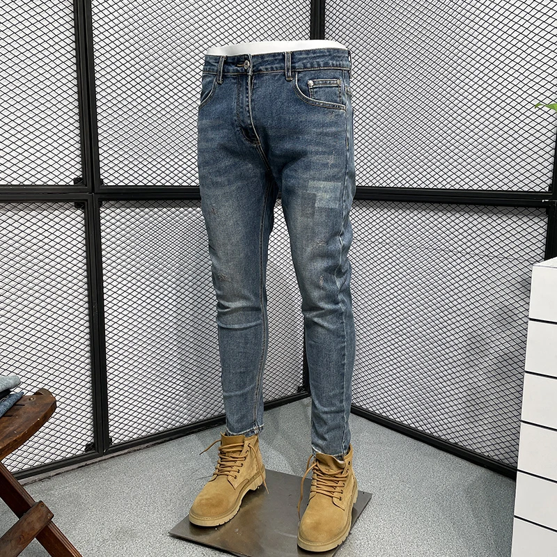 

Trendy Slim Fit Stretchy Denim Jeans for Men Faionable Youthful Versatile Printed Long Pants Casual mid Waist Zipper