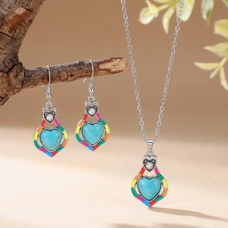 Retro Love Heart Shaped Necklace Earrings Bohemian Simple Colorful Turquoise Holiday Style Jewelry Set for Women
