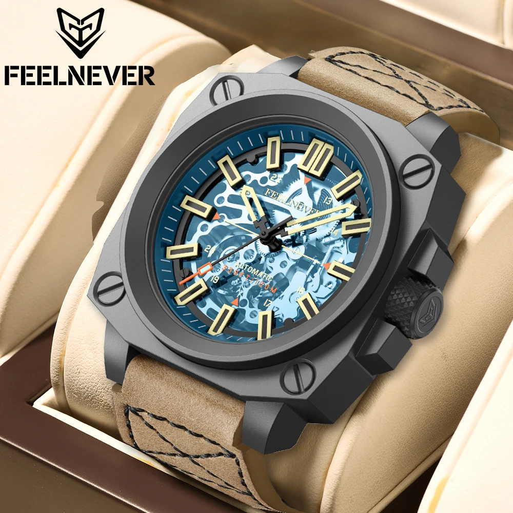 FeelNever Creative Skeleton Luxury Mechanical Watch Casual Sport Military Leather Strap Automatic Men\'s Watches Waterproof Clock