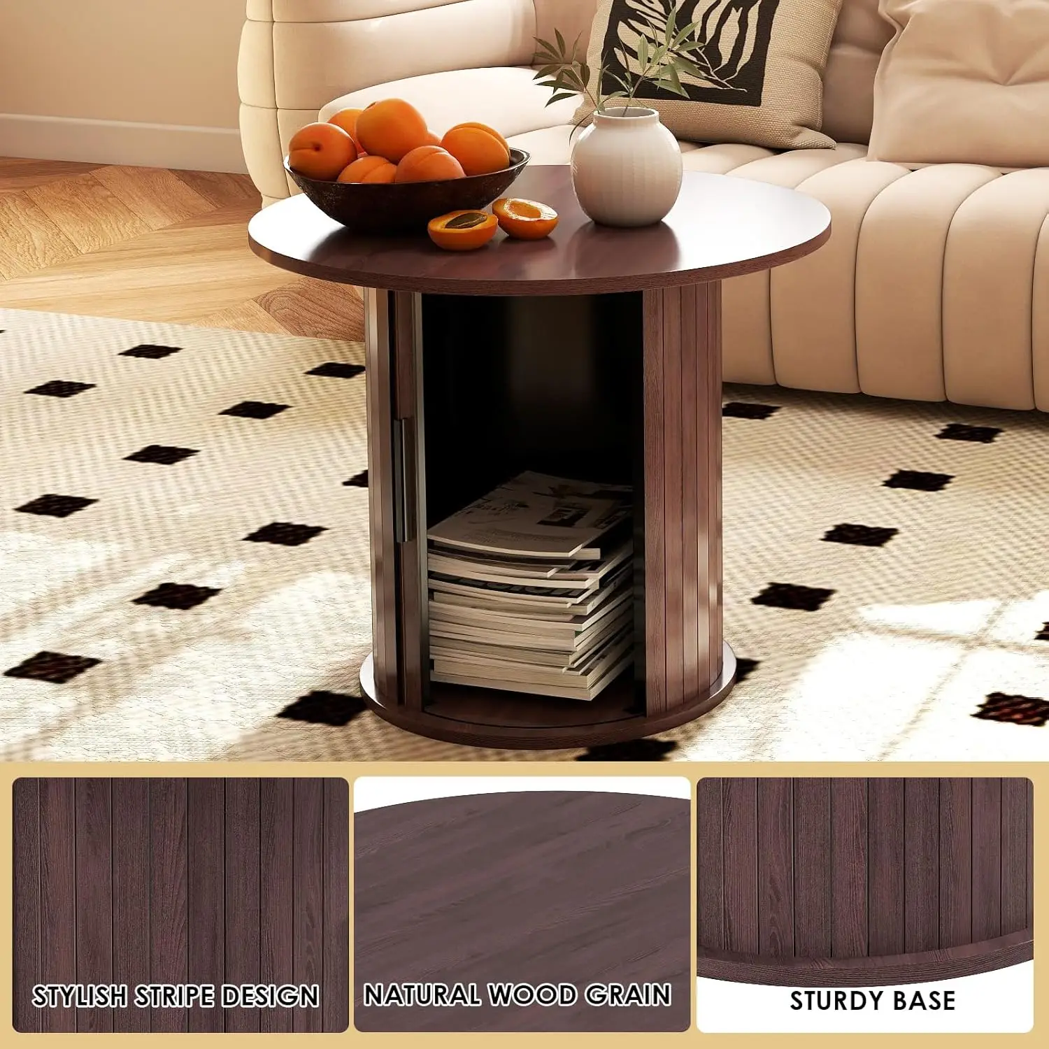 طاولة قهوة خشبية مستديرة مقاس 23.6 بوصة مع مساحة تخزين مخفية وباب منزلق، مجموعات طاولات جانبية للمزرعة الدائرية لغرفة المعيشة وغرفة النوم، Ba