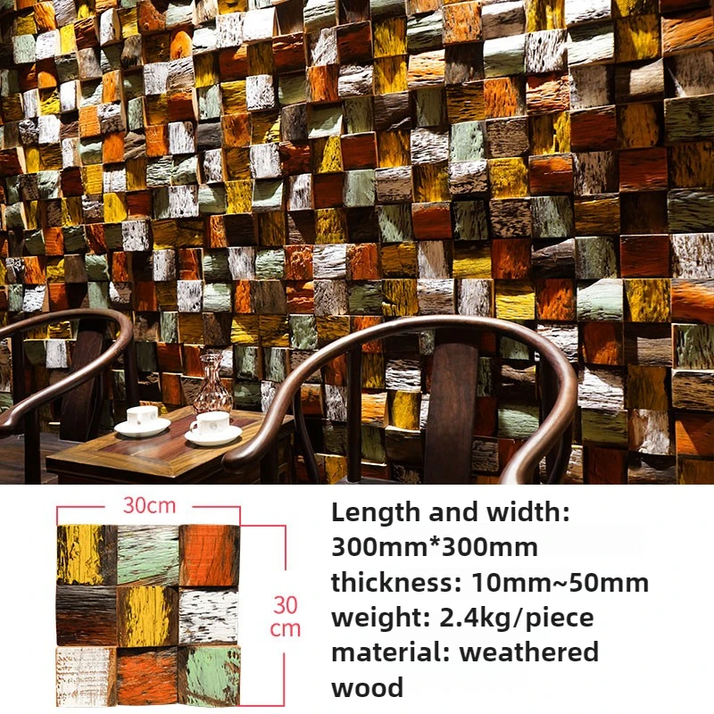 30x30cm 1Pcs Solid Wood Mosaic Wall Tile Antique Weathered Walnut Look for Television Background, Feature Wall, Vintage DIYers